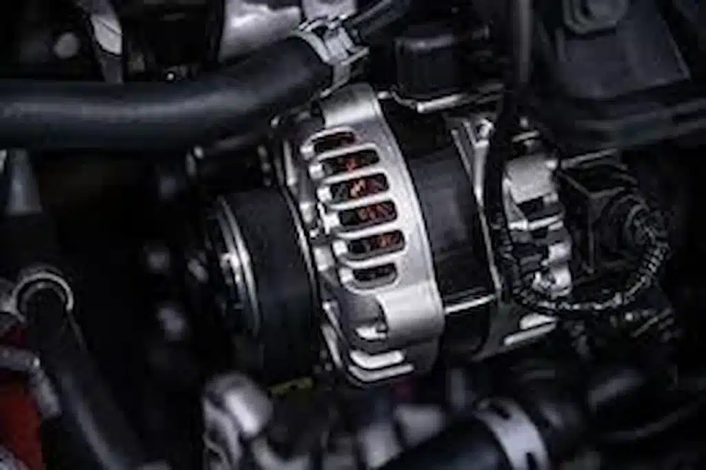 Close-up of a modern car alternator installed in a vehicle engine bay.