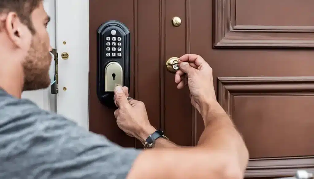 Man unlocking a front door using a key alongside a keypad smart lock.