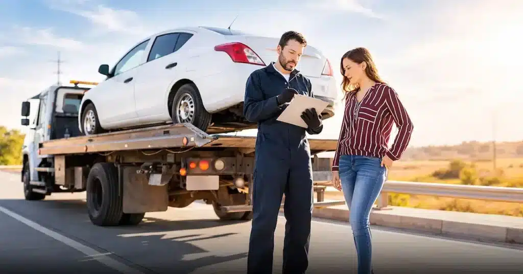 Tow truck driver reviewing paperwork with a woman beside a car loaded on a flatbed truck.