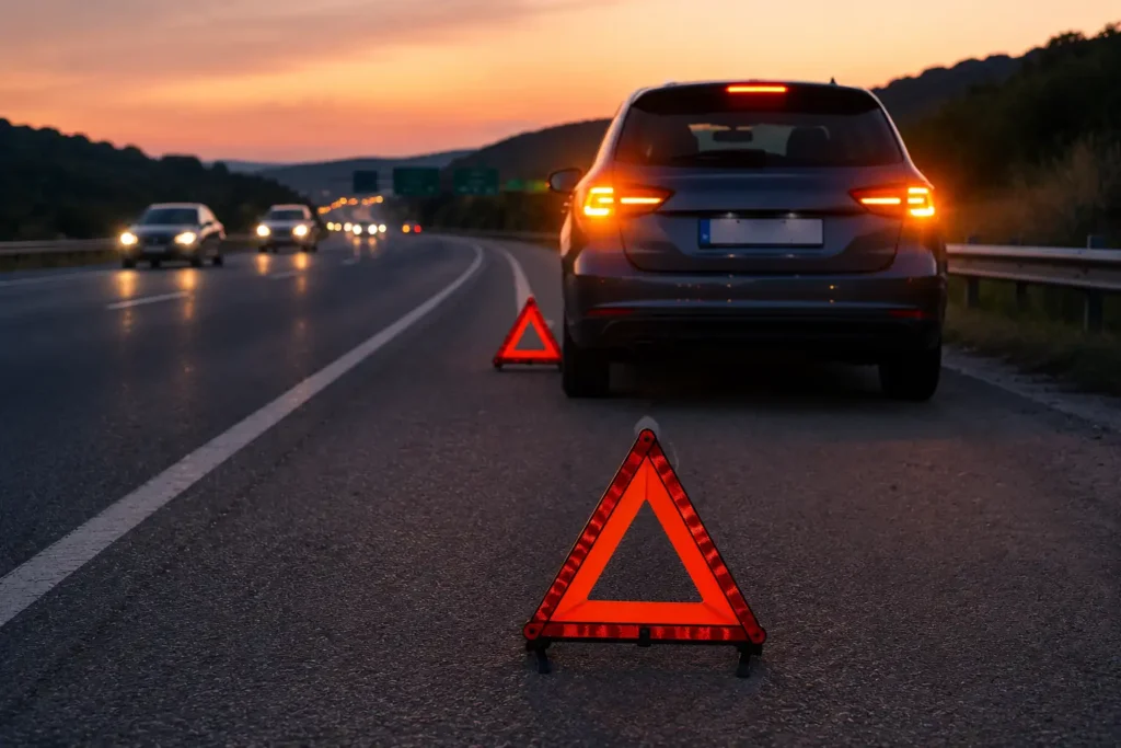 Disabled SUV with hazard lights flashing and reflective warning triangles placed behind the vehicle on a highway shoulder as traffic approaches at sunset.