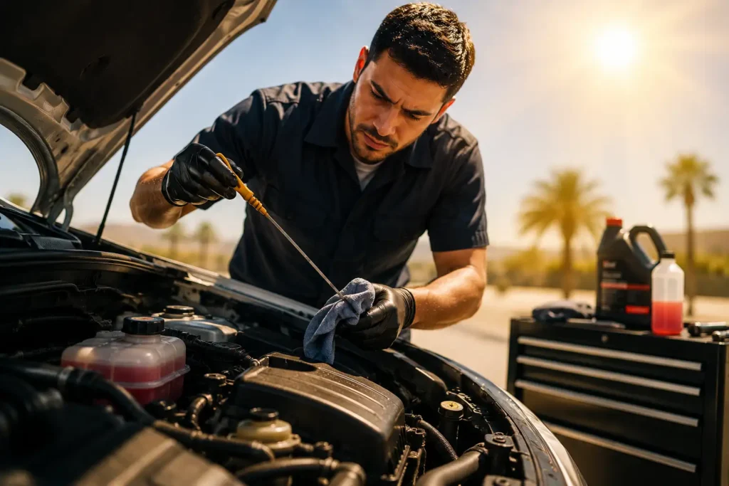 Mechanic checking engine oil and coolant levels under the hood of a vehicle during a hot summer day, highlighting the effects of high temperatures on vehicle fluids and engine maintenance.