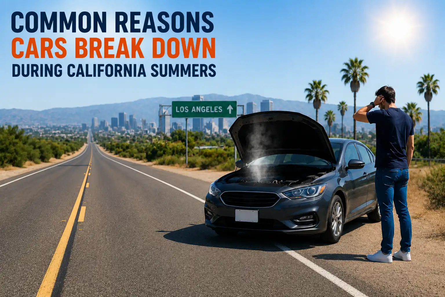 Overheated car on a California highway with a driver standing beside the vehicle.