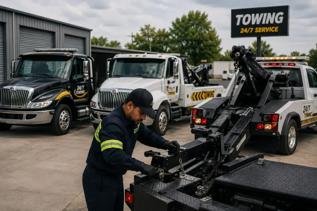 Tow truck operator inspecting towing equipment in a professional towing yard.