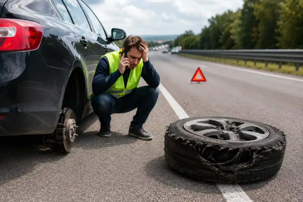 Vehicle with a blown tire safely parked on the highway shoulder while a driver waits for roadside assistance after a tire blowout.