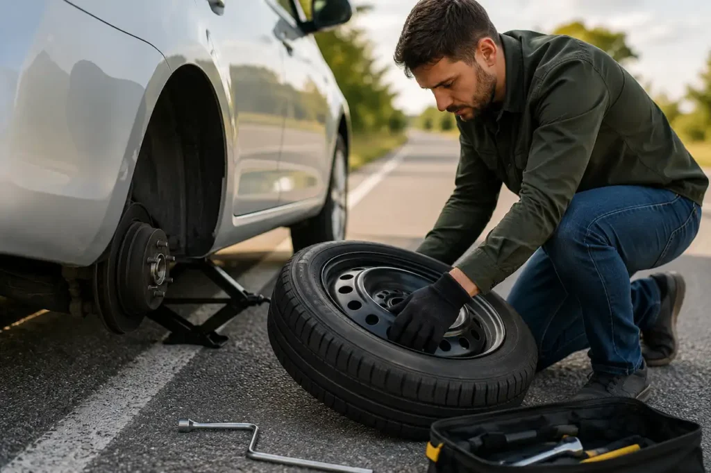 Driver inspecting a flat tire beside a car on the roadside while preparing to decide whether changing the tire is safe using a jack and spare tire.