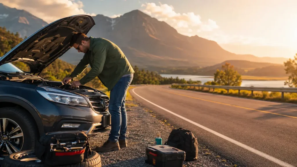 Driver inspecting a car with the hood open on a scenic highway before a long road trip to help prevent vehicle breakdowns.