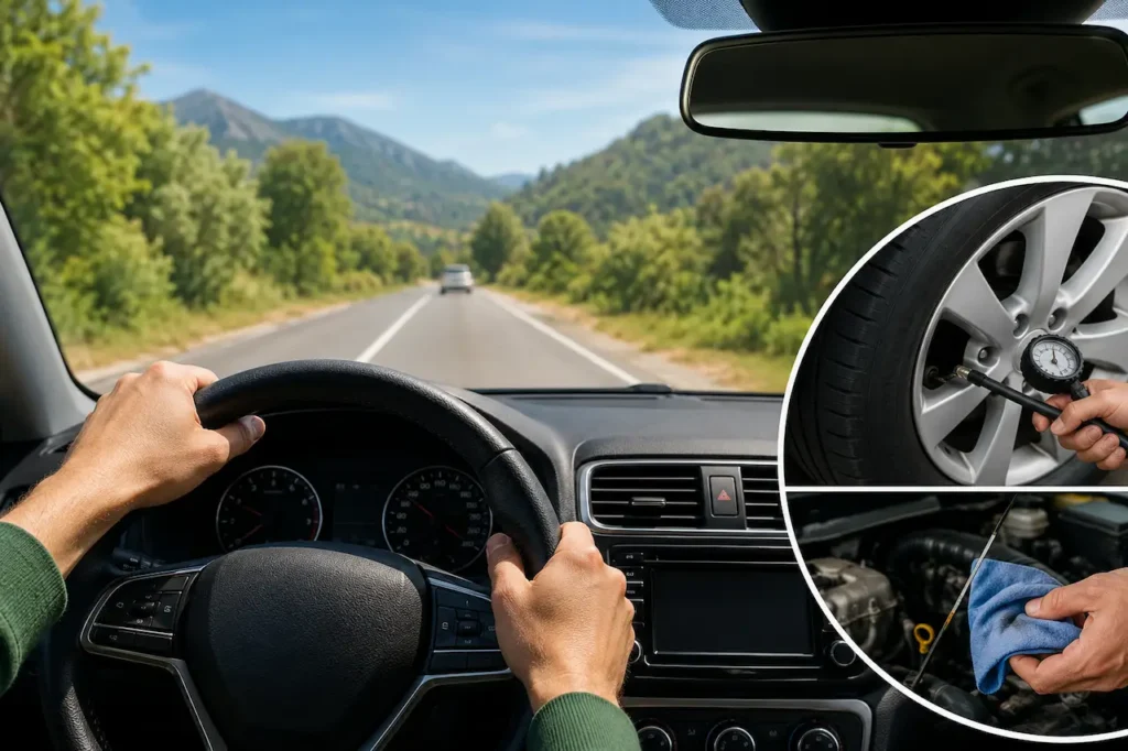 Drive smart to reduce the risk of vehicle breakdowns with a driver on a scenic highway alongside tire pressure and engine maintenance checks for safer travel.