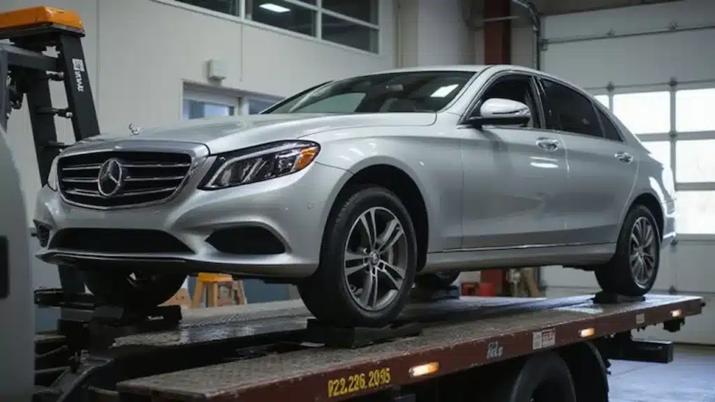 Silver Mercedes-Benz sedan secured on a flatbed tow truck to prevent bumper and transmission damage.
