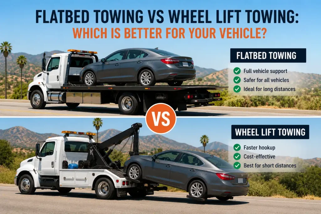 Comparison of flatbed towing and wheel lift towing methods showing two tow trucks transporting vehicles using different towing techniques.