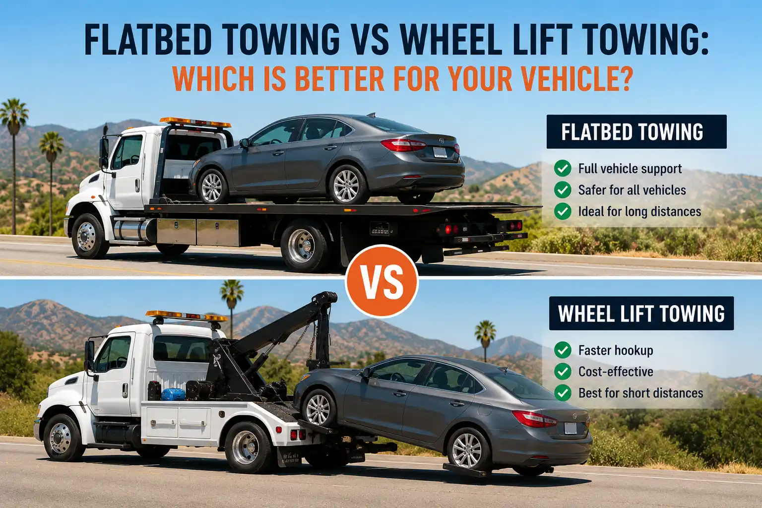 Comparison of flatbed towing and wheel lift towing methods showing two tow trucks transporting vehicles using different towing techniques.
