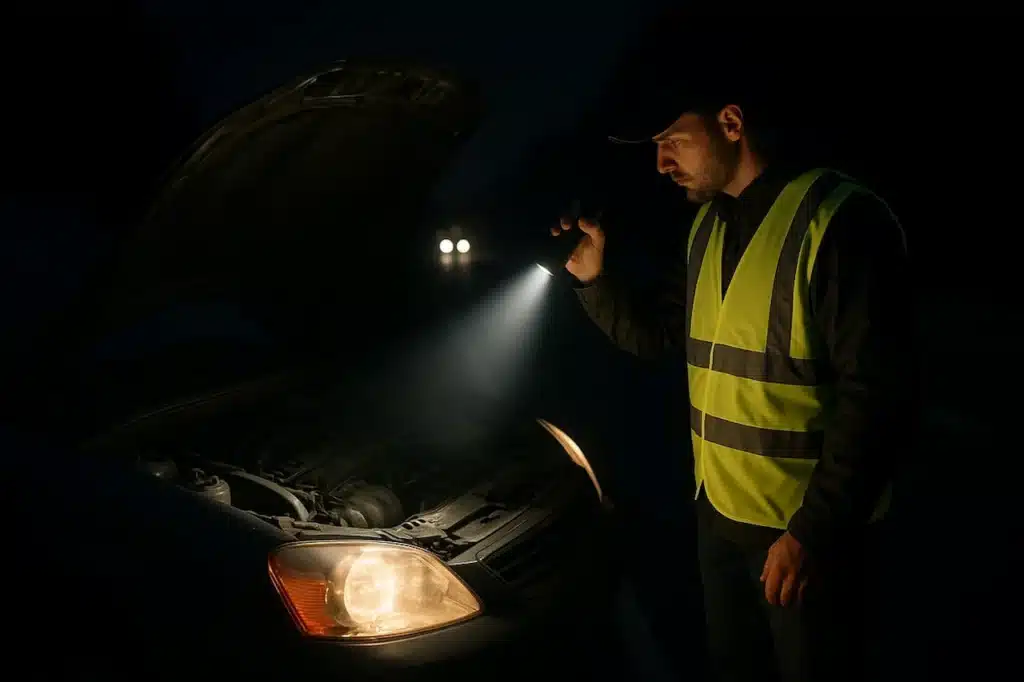 A man in a safety vest using a flashlight to inspect a car engine under an open hood at night.