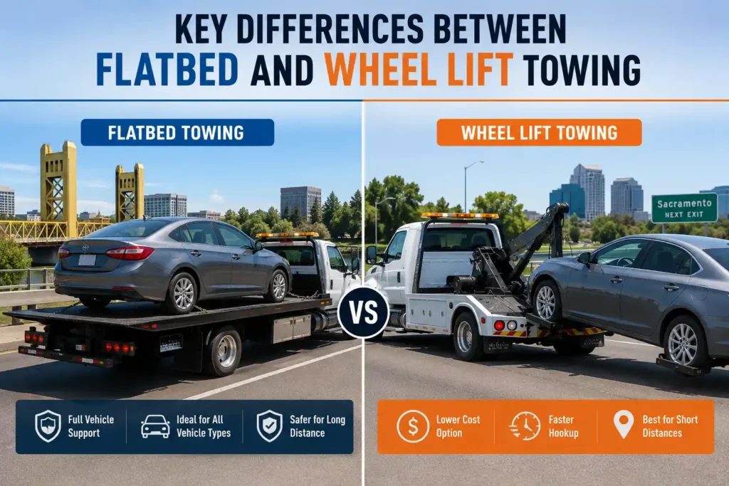 Comparison of flatbed towing and wheel lift towing showing a sedan transported on a flatbed truck and a similar vehicle lifted by its front wheels on a wheel-lift tow truck in a Sacramento roadside setting.