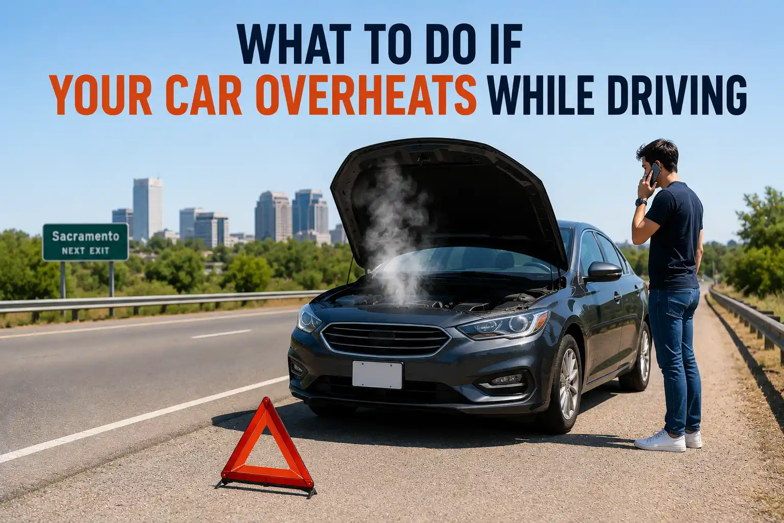 Car overheating on a California roadside with steam rising from the engine while a driver calls for roadside assistance after pulling over safely.