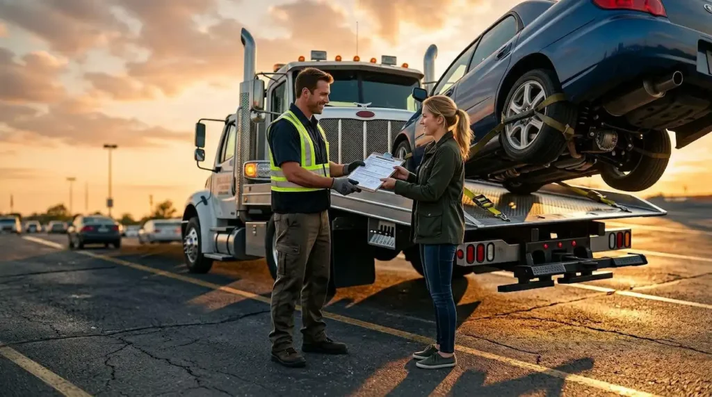 Tow truck operator discussing towing service details with a customer beside a flatbed tow truck in Sacramento
