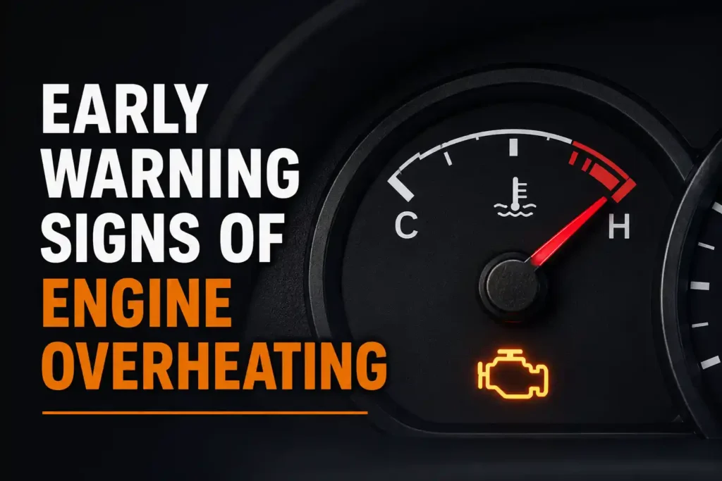 Early warning signs of engine overheating shown on a vehicle dashboard, with the temperature gauge in the red zone and the engine warning light illuminated.