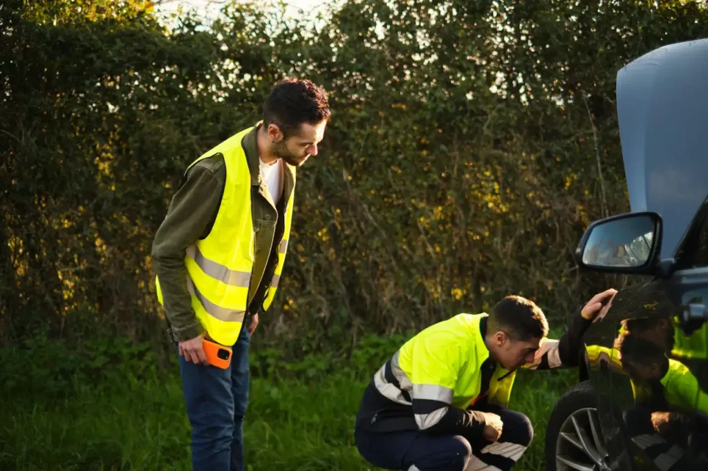 Professional roadside assistance technician helping a stranded driver beside a disabled vehicle in Carmichael, California