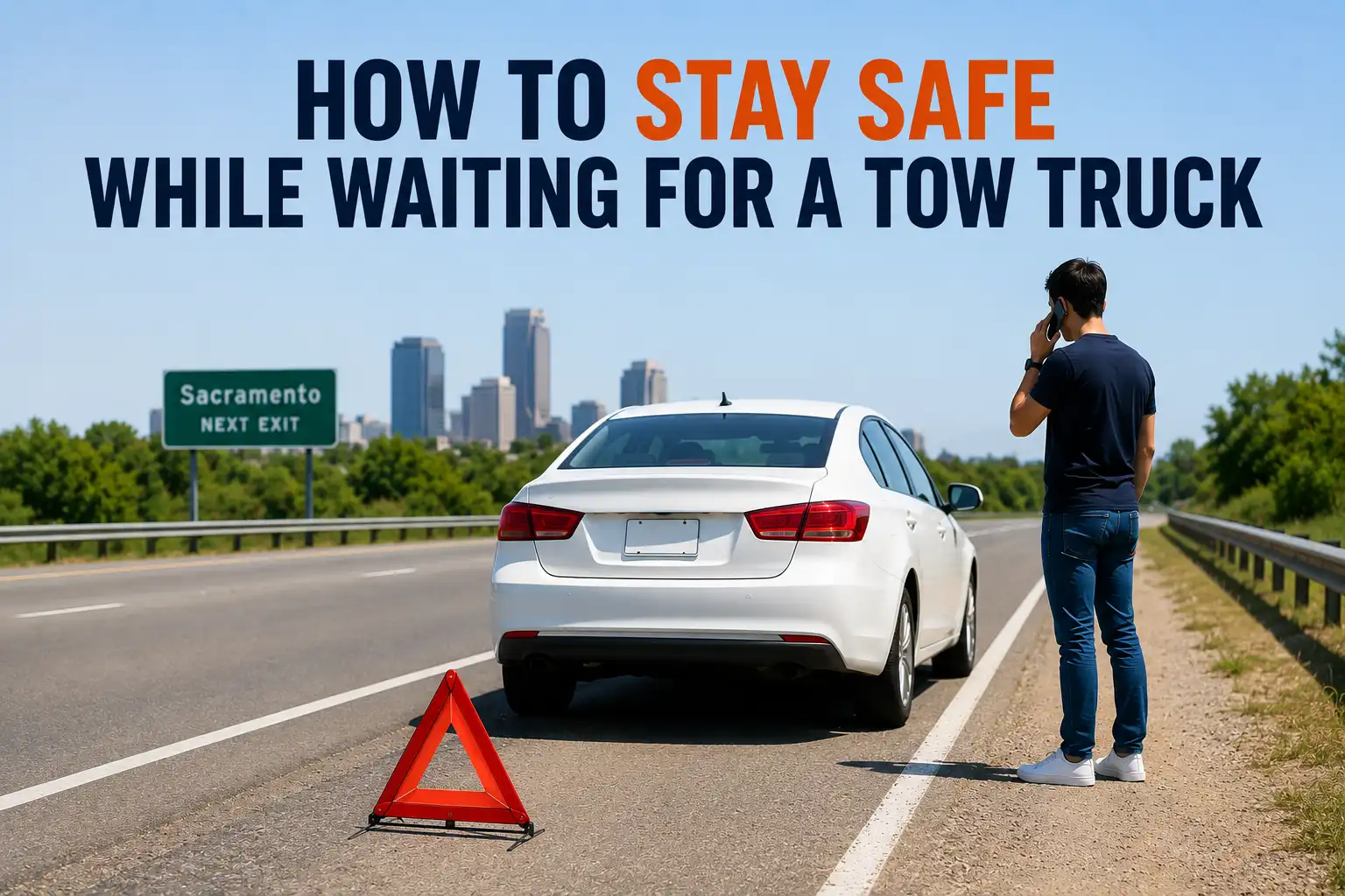 Driver waiting safely beside a disabled vehicle on the roadside with a warning triangle in place while contacting a tow truck for assistance.