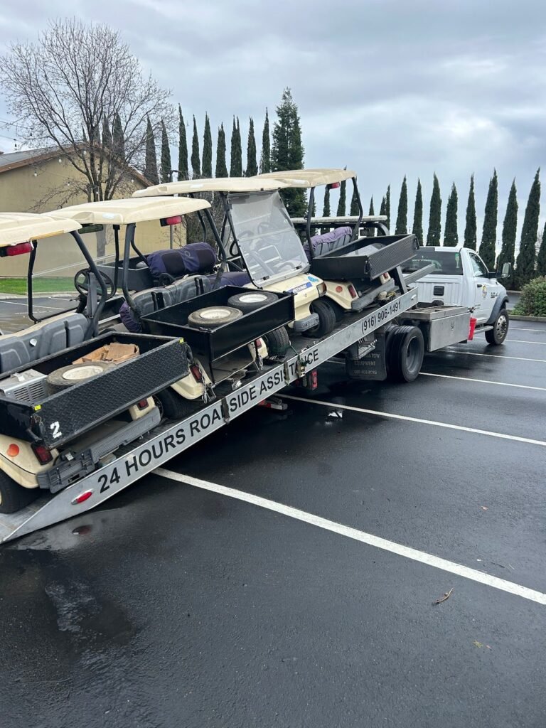 Golf cart loaded on a Sun City Towing flatbed