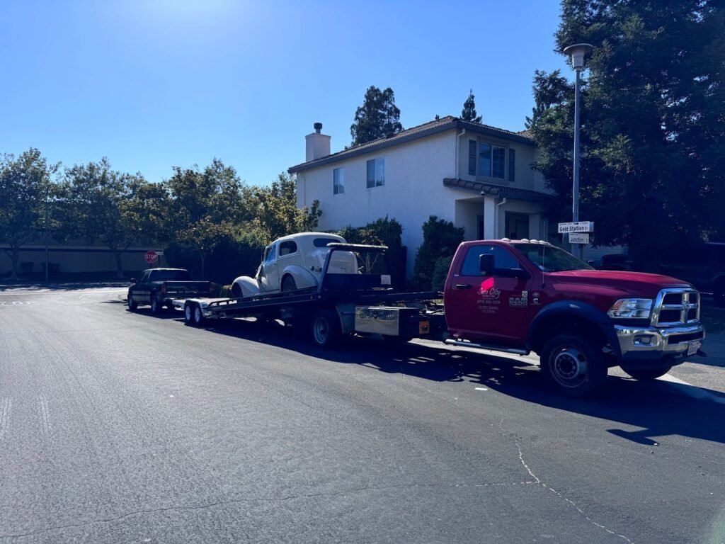 Sun City Towing tow trucks lined up on a residential street