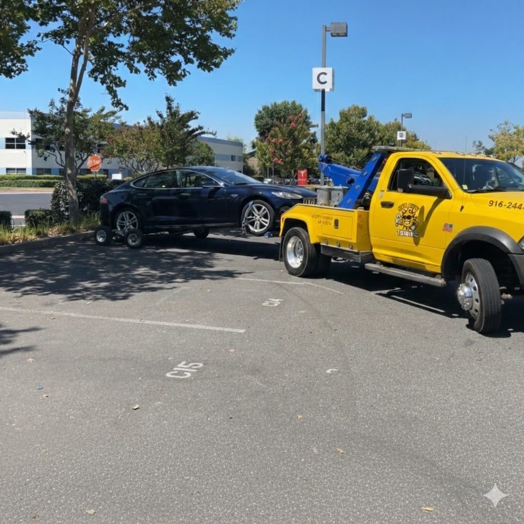 Yellow Sun City Towing wheel-lift tow truck towing a car from a parking lot